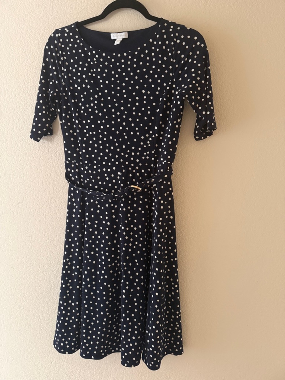 Charter Club Navy and White Polka Dot Belted Midi Dress